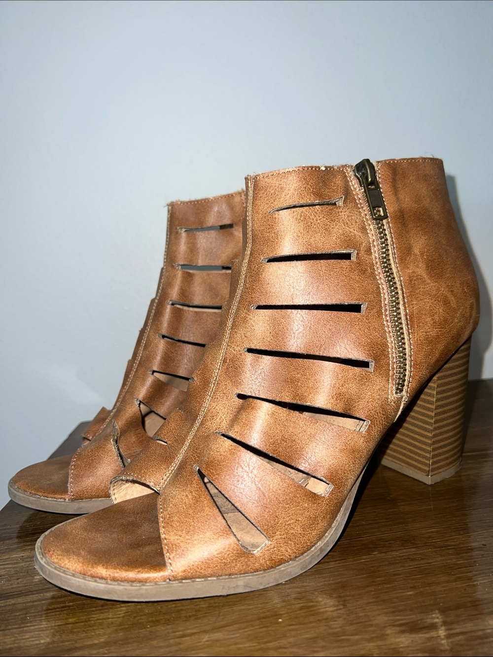 Report Tan Cutout Open-Toe Block Heel Ankle Boots